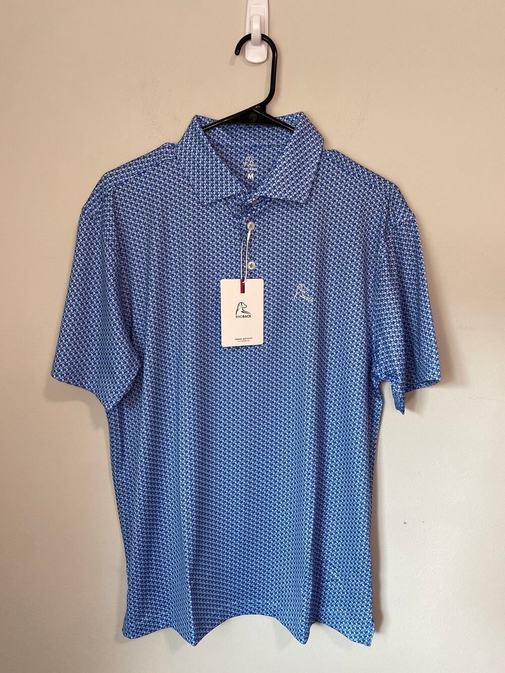 New Rhoback Men's Short Sleeve Polo, The Flyover Ice Blue Size Medium
